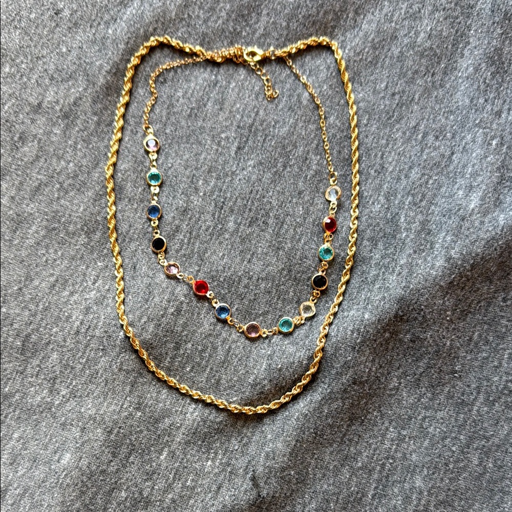 Elegant Multicolor Double Choker Gold Layered Gemstone Necklace